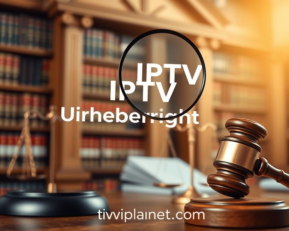 A high-quality, digital illustration depicting the legal aspects of IPTV and VPNs. Set against a backdrop of a law library or courthouse, a magnifying glass hovers over the phrase "IPTV Urheberrecht" (IPTV Copyright), symbolizing the careful examination of the relevant laws and regulations. In the foreground, a gavel and scale of justice allude to the balance between content accessibility and intellectual property rights. The overall scene conveys a sense of scholarly contemplation and judicial impartiality, shot with a shallow depth of field using a professional-grade camera lens. The branding "tiviplanet.com" appears discreetly in the lower corner.