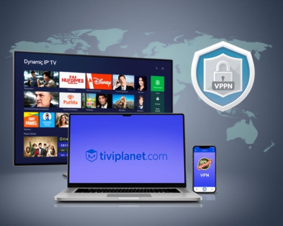 A high-quality digital illustration showcasing a dynamic IPTV service with a secure VPN connection. The foreground depicts a sleek, modern user interface displaying a diverse array of live TV channels and on-demand content, seamlessly integrated with the tiviplanet.com brand. The middle ground features a laptop and smartphone, highlighting the cross-device accessibility of the IPTV service. In the background, a world map or a globe symbolizes the global reach and accessibility of the IPTV-VPN solution. The overall scene conveys a sense of technological sophistication, ease of use, and secure, borderless entertainment experience.