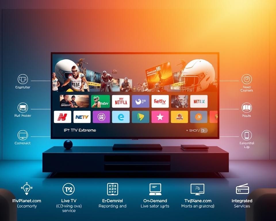 A high-quality, realistic illustration of the key features and capabilities of the IPTV Extreme platform, showcasing its advanced functionality. The image should depict a sleek, modern user interface with intuitive controls, live TV channels, on-demand content, and various integrated services like tiviplanet.com. The scene should be bathed in warm, natural lighting, captured from a slightly elevated angle to provide a comprehensive overview. The design should exude a sense of sophistication and technical prowess, reflecting the platform's position as a leading IPTV solution.