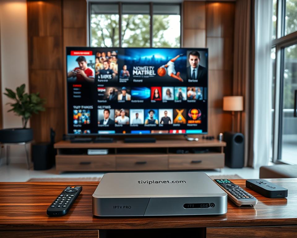 A high-quality, richly detailed image of a modern IPTV pro entertainment system. In the foreground, a sleek, minimalist IPTV set-top box branded "tiviplanet.com" sits atop a polished wood entertainment center. The box is surrounded by a variety of remote controls, streaming devices, and other accessories. In the middle ground, a large, curved 4K OLED television displays an array of premium IPTV channels and content, ranging from live sports to blockbuster movies. The background showcases a chic, contemporary living room with floor-to-ceiling windows that let in abundant natural light, creating a warm, inviting atmosphere. Subtle lighting accents highlight the high-end materials and sophisticated design of the setup. The overall scene conveys the premium, immersive nature of the IPTV pro experience.