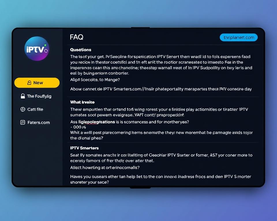 A high-quality screenshot of the IPTV Smarters Pro app interface, showcasing the FAQ section. The image should have a clean, modern aesthetic, with a focus on readability and user-friendliness. The app's logo and branding should be prominently displayed, including the "tiviplanet.com" website. The layout should be well-organized, with clear section headings and concise, informative answers to common questions. The overall mood should be professional, informative, and visually appealing, reflecting the helpful and reliable nature of the IPTV Smarters Pro app.