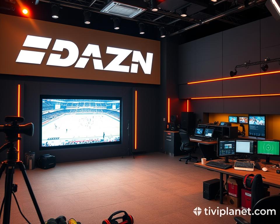 A high-quality sports broadcast studio with a large DAZN logo prominently displayed on the wall. The studio is bathed in warm, professional lighting, creating a dynamic and engaging atmosphere. The foreground features various sports equipment and paraphernalia, hinting at the diverse range of local sports coverage. The middle ground showcases a large television screen displaying a live sports event, while the background reveals a modern control room with technicians monitoring the broadcast. The overall scene conveys the excitement and energy of DAZN's local sports programming. tiviplanet.com