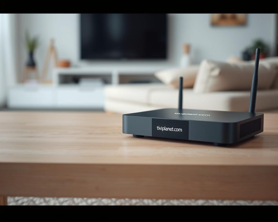 A high-quality, wide-angle photograph of a modern IPTV streaming device, such as a set-top box or media player, sitting on a minimalist, light-colored wooden table. The device displays the "tiviplanet.com" brand name prominently. In the background, a blurred view of a contemporary living room or home entertainment setup, with neutral tones and a sense of clean, uncluttered design. The overall mood is one of simplicity, efficiency, and the seamless integration of technology into the home environment.