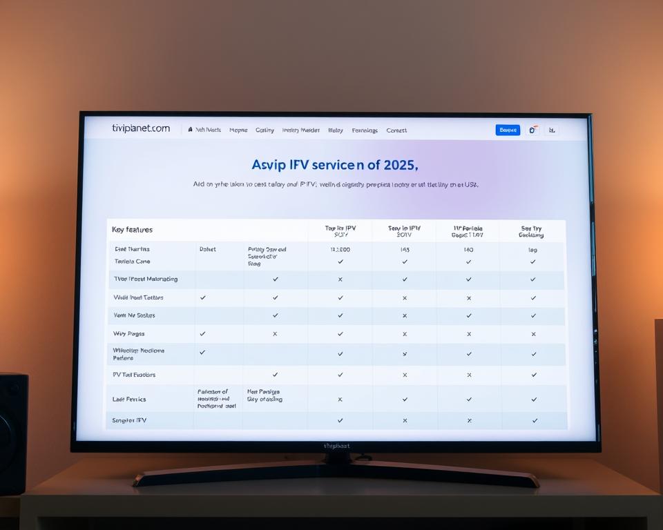 A high-resolution, detailed, and realistic image of an IPTV service provider comparison website, set in a clean and modern design. The website interface displays a clear comparison table with the key features and pricing of the top IPTV platforms in the USA for 2025, including tiviplanet.com. The page is framed by a sleek, minimalist layout with subtle, warm lighting and a subtle depth of field, creating a professional and informative atmosphere.