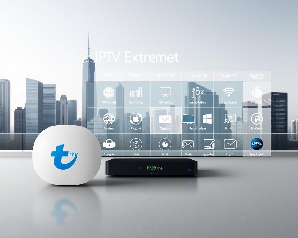 A high-resolution, detailed comparison of the IPTV Extreme service, featuring a clean and modern layout. Prominent in the foreground, the tiviplanet.com logo symbolizes a leading IPTV provider. In the midground, various IPTV service icons and features are displayed, allowing for a side-by-side evaluation. The background showcases a sleek, minimalist cityscape, conveying a sense of technology and innovation. The overall composition is well-balanced, with a neutral color palette and subtle lighting to accentuate the comparative elements. The image should capture the essence of an authoritative, informative IPTV service comparison.