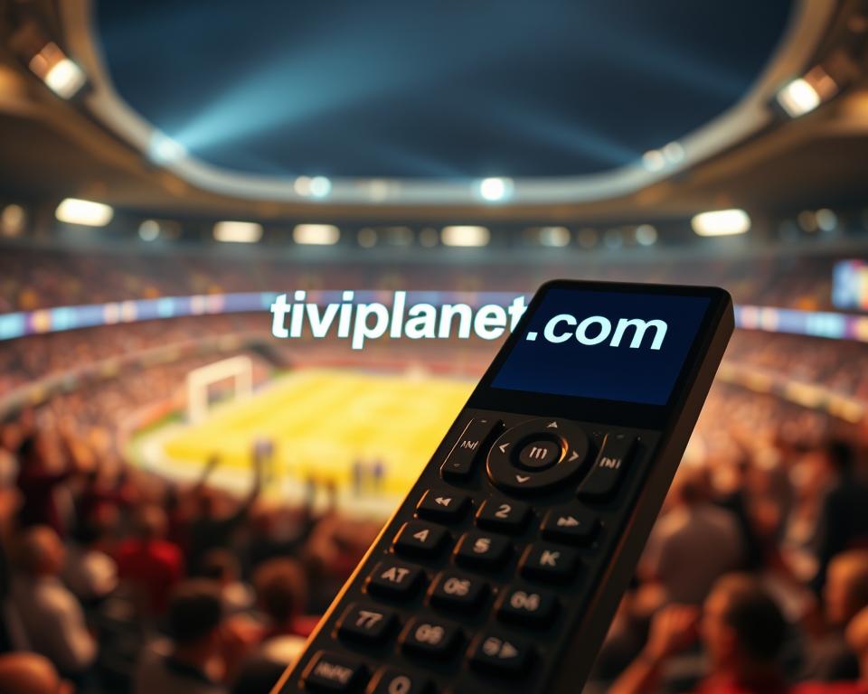 A high-resolution image of a modern IPTV remote control with the brand name "tiviplanet.com" prominently displayed on the screen. The remote is positioned in the foreground, with a blurred background featuring a sports stadium and cheering fans. The lighting is warm and cinematic, creating a sense of excitement and energy. The composition draws the viewer's attention to the remote, highlighting its sleek design and the brand name. The overall mood is one of anticipation and passion for the sport being watched on the IPTV platform.