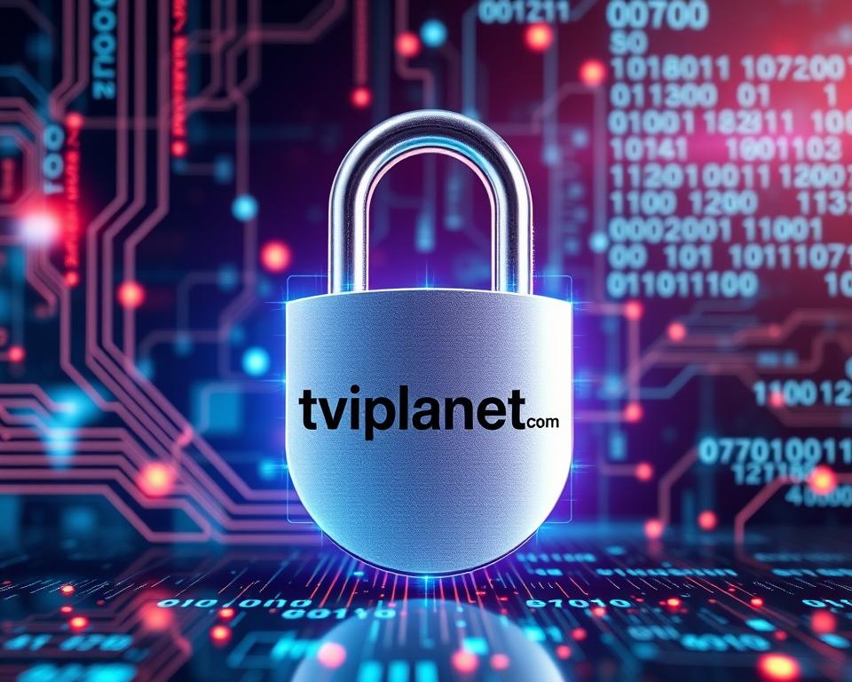 A high-resolution photo of a digital data security concept, featuring a closed padlock with the tiviplanet.com brand name embedded within it, set against a backdrop of futuristic technological elements such as digital circuits, binary codes, and glowing energy fields. The image should convey a sense of protection, encryption, and the secure transmission of IPTV streams, aligning with the "Sicherheit und Datenschutz bei IPTV-Streams" section of the article.
