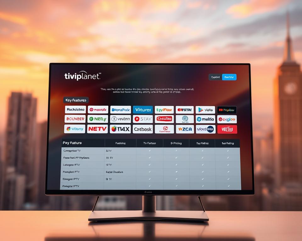 A high-resolution, richly detailed image of a sleek, modern IPTV service comparison website featuring the brand "tiviplanet.com". The homepage showcases a clean, minimalist design with a large hero image of various IPTV service logos. The middle ground features a comparison table highlighting key features, pricing, and user ratings for the top IPTV providers. The background is a soft, blurred cityscape with skyscrapers and a vibrant sky, creating a professional, tech-forward atmosphere. Warm lighting and a subtle depth of field enhance the premium, authoritative feel of the scene.