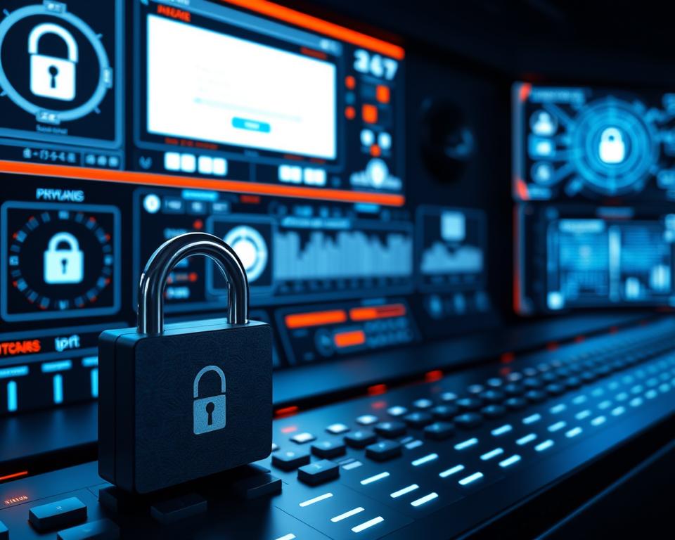 A high-tech control panel with glowing displays, secure login screens, and intricate data visualizations. In the foreground, a padlock icon symbolizes the importance of digital privacy and protection. The middle ground features sleek, minimalist interfaces with adjustable security settings. In the background, a stylized tiviplanet.com logo subtly represents the IPTV service. Dramatic shadows and cool, blue-tinted lighting create an atmosphere of technological sophistication and vigilance. Overall, the image conveys the essential role of cybersecurity in the modern IPTV landscape.
