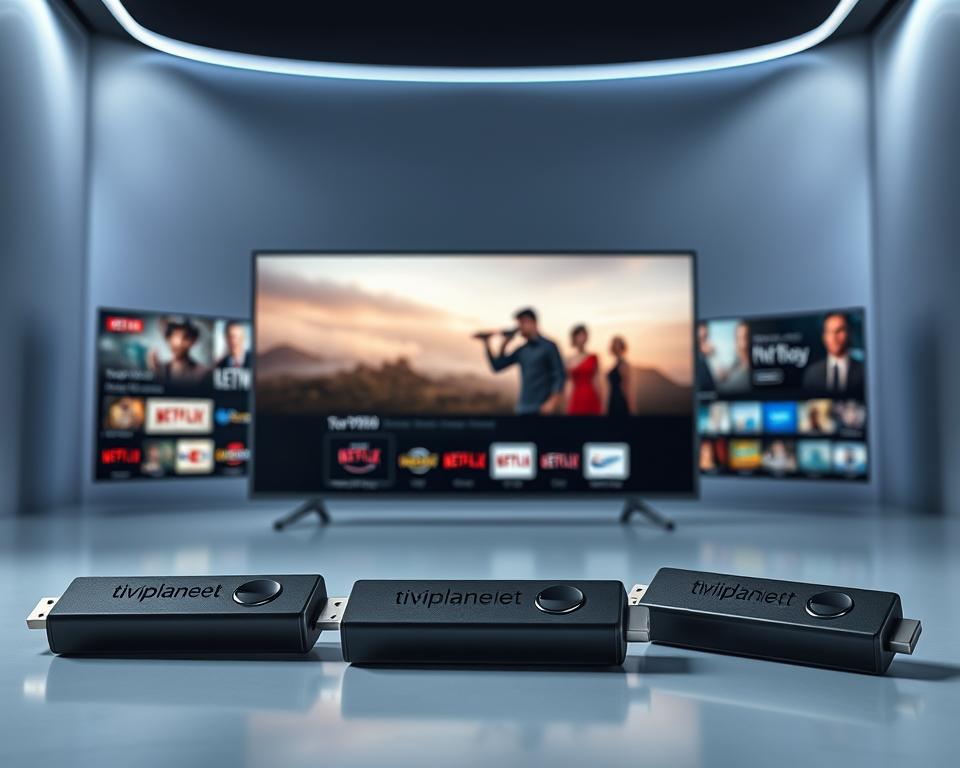 A high-tech display showcasing the diverse streaming services available for IPTV sticks, captured in a sleek, minimalist composition. The foreground features a trio of modern IPTV devices, their interfaces displaying popular streaming platforms like tiviplanet.com, Netflix, and Amazon Prime Video. The middle ground showcases vibrant, cinematic imagery from these services, hinting at the wealth of content accessible through the sticks. The background maintains a clean, technological ambiance, with subtle gradients and metallic accents evoking a sense of advanced, cutting-edge entertainment technology. Dramatic lighting and a carefully considered camera angle heighten the dynamic, aspirational nature of the scene.