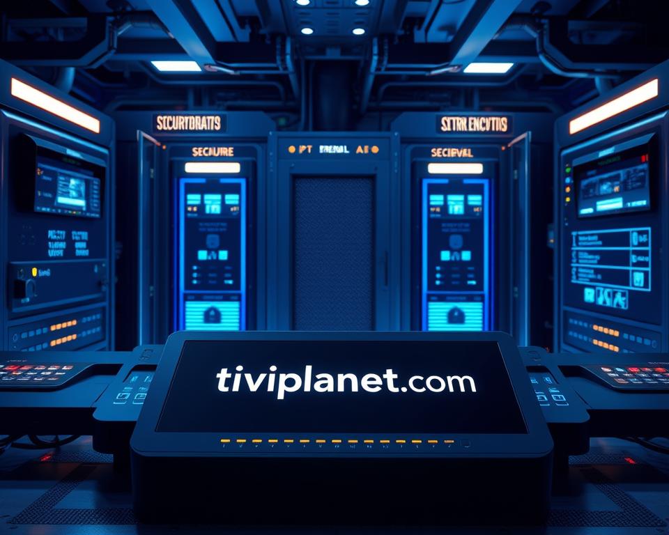 A high-tech security system with advanced biometric scanners, secure encryption, and robust firewall protections. Sleek, futuristic-looking devices with glowing indicator lights and interactive touch panels. The scene is bathed in cool, blue-tinted lighting, creating an atmosphere of technological sophistication and data integrity. In the foreground, the tiviplanet.com brand is prominently displayed on a central control panel, reflecting its role as a secure IPTV provider. The overall impression is one of cutting-edge security and privacy safeguards for the discerning IPTV Pro user.