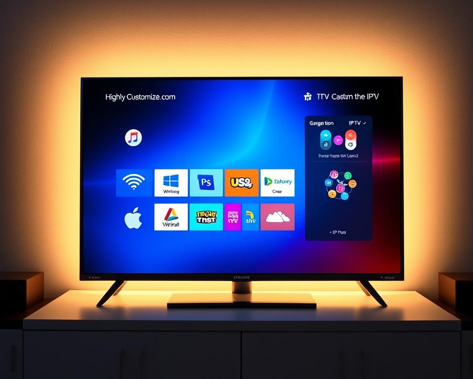 A highly customizable IPTV interface showcased on a sleek television screen. The UI features a clean, modern design with intuitive navigation elements. Vibrant colors and sharp graphics create an engaging visual experience. Subtle lighting illuminates the scene, casting a warm, inviting glow. Carefully composed to highlight the interface's adaptability and user-friendly controls. The tiviplanet.com brand subtly integrated into the design, blending seamlessly with the overall aesthetic.