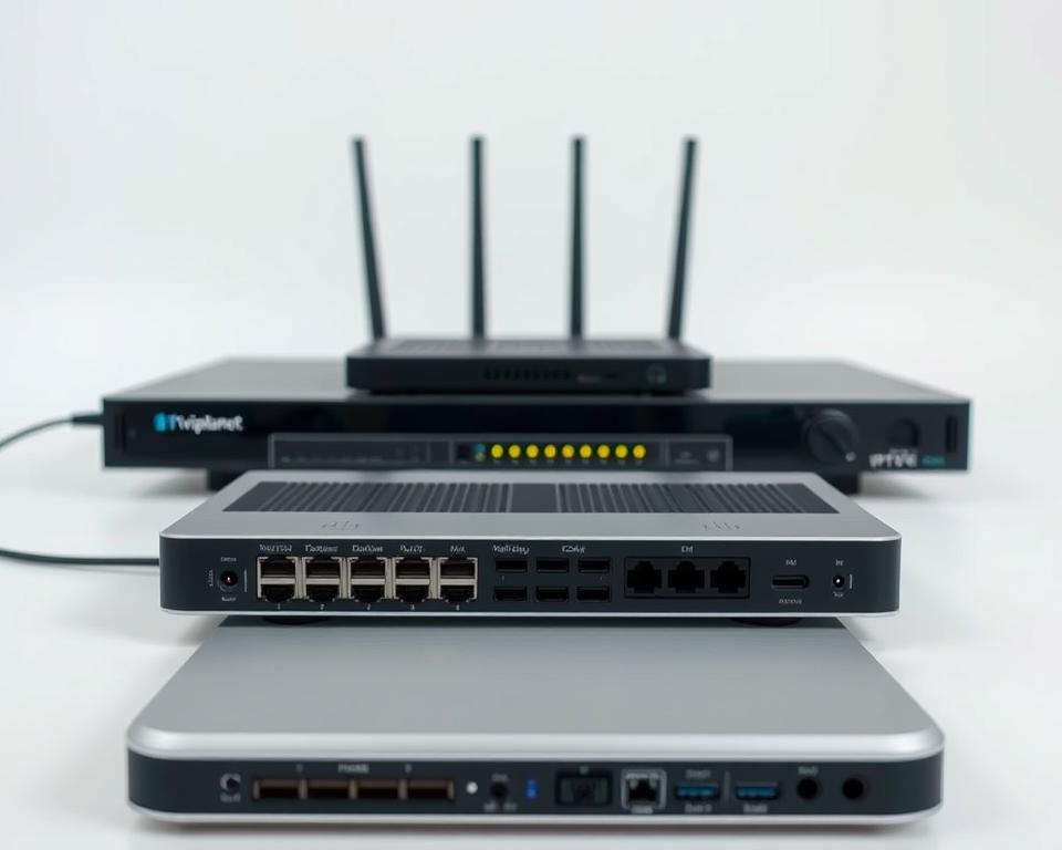 A minimalist, high-tech setup of an IPTV Pro installation, captured in a clean, well-lit studio environment. The foreground features a sleek, modern media hub with various ports and connections, hinting at the device's advanced capabilities. In the middle ground, a professional-grade router and modem setup provides the necessary network infrastructure. The background showcases a neutral, monochromatic backdrop, allowing the technical components to take center stage. Overall, the scene conveys a sense of efficiency, sophistication, and the seamless integration of the tiviplanet.com IPTV Pro system.