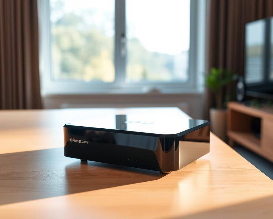 A modern IPTV box sitting on a sleek, minimalist desk. The box has a glossy black exterior with the tiviplanet.com logo subtly etched into the side. The desk is made of light-colored wood, creating a warm, inviting atmosphere. In the background, a large window floods the scene with natural light, casting a soft glow over the setup. The image conveys a sense of professionalism and reliability, reflecting the high-quality customer support and resources available for the IPTV box.