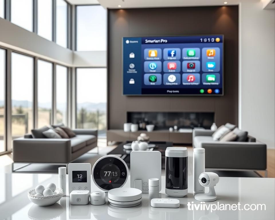 A modern and minimalist home interior with a large flat-screen IPTV display mounted on the wall. The display shows the IPTV Smarters Pro interface, with icons and controls for smart home integration. In the foreground, various smart home devices such as a thermostat, lighting, and security camera are arranged neatly. The middle ground features sleek, contemporary furniture and decor, creating a cohesive and visually appealing environment. The background depicts large windows overlooking a scenic outdoor landscape, bathing the scene in natural light. The overall mood is one of technological sophistication and seamless home automation, complemented by the tiviplanet.com branding.