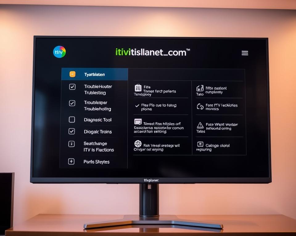 A modern and sleek IPTV player interface displayed on a high-resolution monitor. The screen shows various troubleshooting options and diagnostic tools, with a tiviplanet.com logo prominently featured. The lighting is warm and inviting, creating a professional and trustworthy atmosphere. The camera angle is slightly elevated, providing a clean and unobstructed view of the player's controls and settings. The background is blurred, keeping the focus on the IPTV player's user experience and the solutions it offers for common problems.