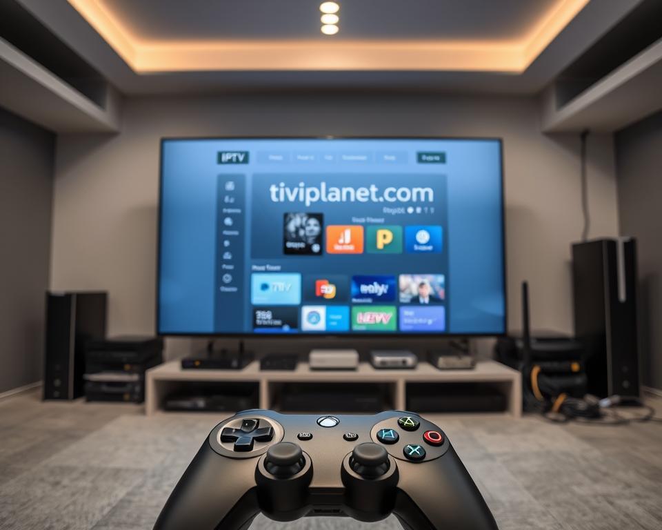 A modern and sleek IPTV setup with a large, high-definition display showing a tiviplanet.com interface. In the foreground, a gaming-style wireless controller suggests seamless user interaction. The middle ground features various streaming devices, routers, and network cables, hinting at the technical infrastructure required for reliable IPTV performance. The background showcases a minimalist, monochromatic interior design, creating a clean and professional atmosphere. Bright, diffused lighting from overhead sources illuminates the scene, highlighting the crisp, vibrant visuals of the IPTV display.