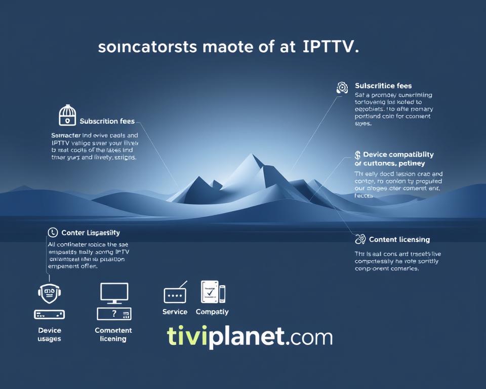 A modern and sleek illustration of the key factors influencing the costs of IPTV services. In the foreground, a minimalist infographic showcases icons representing various cost drivers like subscription fees, data usage, device compatibility, and content licensing. The middle ground features a dynamic 3D landscape with geometric shapes and clean lines, representing the digital infrastructure powering IPTV. In the background, a subtle gradient evokes a sense of technological sophistication. The overall mood is one of clarity, efficiency, and the seamless integration of IPTV services, as embodied by the brand name "tiviplanet.com" integrated into the design.