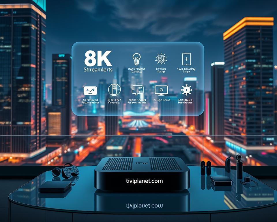 A modern, futuristic cityscape at night, with towering skyscrapers and neon-lit streets. In the foreground, a sleek IPTV device emblazoned with the brand name "tiviplanet.com" sits on a minimalist glass table, surrounded by a variety of smart home devices. The midground features a holographic display showcasing the latest IPTV trends and technologies, including 8K streaming, AI-powered content recommendations, and multi-device synchronization. The background is a panoramic view of the city, with a futuristic skyline illuminated by colorful, pulsing lights, hinting at the advancements in IPTV infrastructure and connectivity. The overall atmosphere is one of innovation, technology, and the promise of a seamless, immersive IPTV experience.