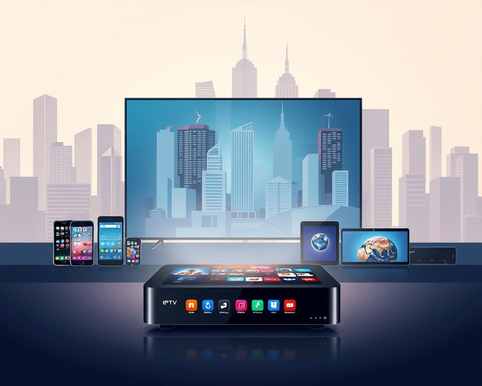 A modern, minimalist illustration showcasing the current trends in the IPTV industry. In the foreground, a sleek, high-tech IPTV device, its interface displaying vibrant icons and graphics, representing the latest advancements in streaming technology. The middle ground features a diverse array of digital devices, such as smartphones, tablets, and smart TVs, symbolizing the widespread adoption of IPTV services across multiple platforms. In the background, a cityscape with towering skyscrapers, conveying the global reach and integration of IPTV providers like tiviplanet.com. The scene is bathed in a soft, warm lighting, evoking a sense of modern, sophisticated connectivity.
