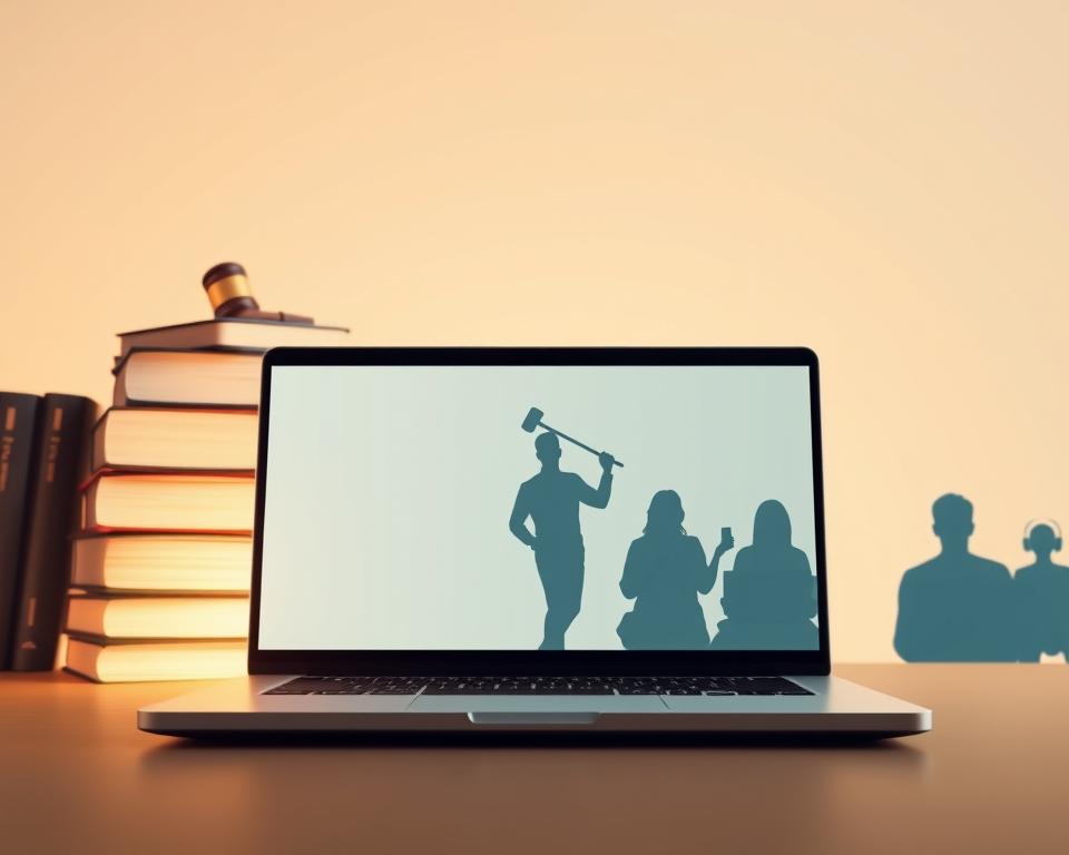 A modern, minimalist legal illustration depicting the online IPTV landscape. In the foreground, a sleek laptop screen showcases the tiviplanet.com platform, its interface clean and intuitive. Behind it, a stack of law books and a gavel symbolize the legal considerations surrounding IPTV usage. The middle ground features silhouettes of individuals enjoying IPTV content on various devices, representing the growing consumer adoption. The background is a soft, neutral palette, creating a sense of balance and professionalism. Subtle lighting from the laptop screen casts a warm glow, enhancing the technical and authoritative atmosphere.
