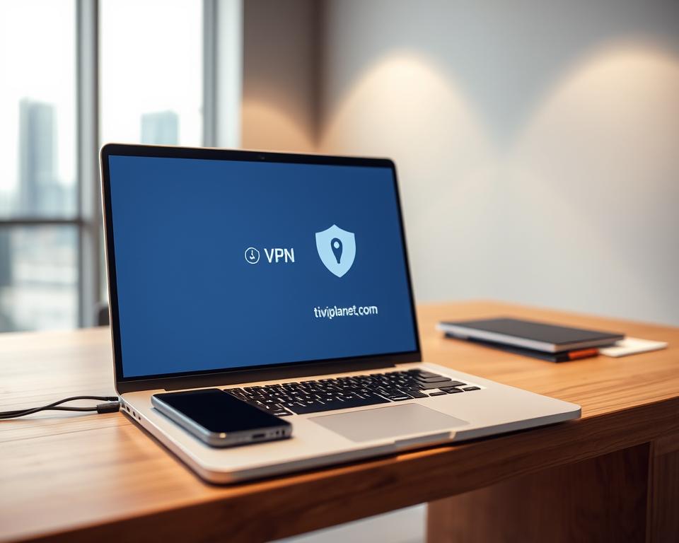 A modern office desk setup with a laptop, smartphone, and a VPN connection icon displayed on the screen. The laptop is situated on a wooden desk with a minimalist design. Soft, directional lighting illuminates the scene, creating a professional and organized atmosphere. In the background, a blurred view of a city skyline or abstract patterns suggests the connection to the wider internet. The tiviplanet.com logo is discreetly visible on the laptop's display.