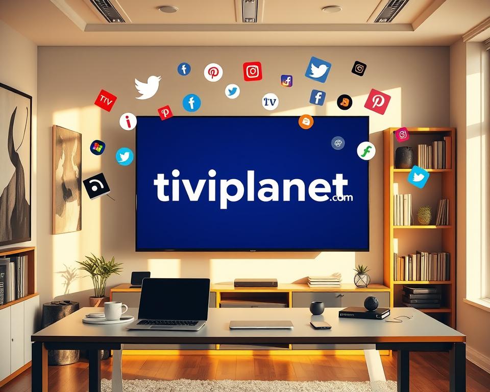 A modern office interior with a large flat-screen TV displaying the tiviplanet.com logo, surrounded by social media icons floating in the air. The TV is mounted on a sleek, minimalist desk, with a laptop, smartphone, and other digital devices arranged neatly. The room is bathed in warm, natural lighting, creating a cozy and productive atmosphere. The walls feature abstract art and shelves filled with books, creating a harmonious blend of technology and creativity. The overall scene conveys the seamless integration of IPTV and social media in the modern digital landscape.