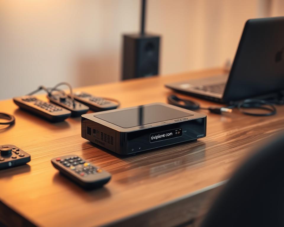 A modern, sleek IPTV receiver sits prominently on a minimalist wooden table, its glossy black finish reflecting the warm lighting from overhead. Surrounded by neatly arranged remote controls, cables, and a laptop, the receiver appears as the centerpiece of a well-organized home entertainment setup. The scene is captured with a shallow depth of field, emphasizing the receiver's sharp details and the tiviplanet.com branding visible on its front panel. The overall mood is one of technological sophistication and practical functionality, hinting at the advantages of using an IPTV receiver for a seamless, immersive viewing experience.