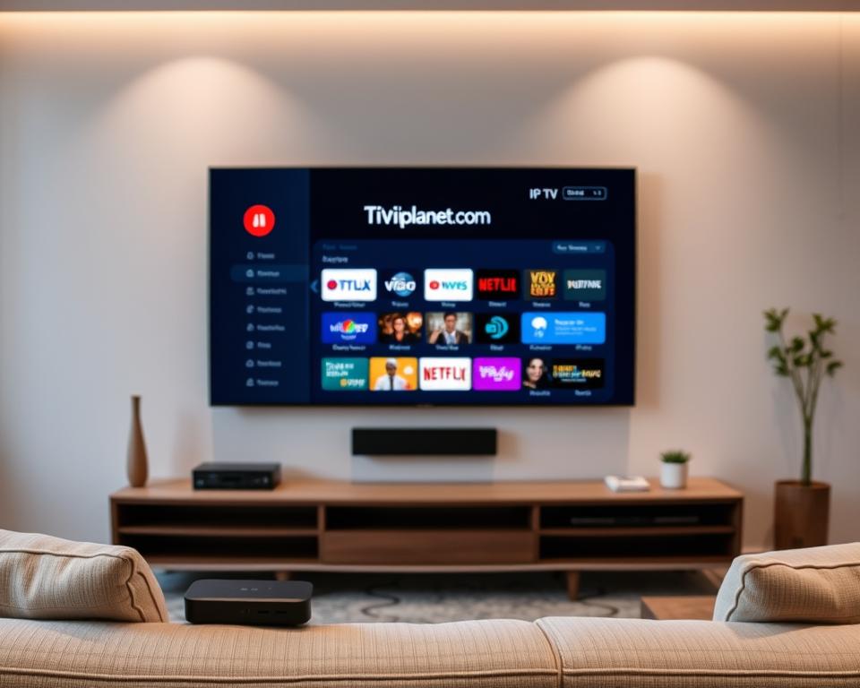 A modern, sleek IPTV stick interface with a clean, intuitive layout. The screen displays a grid of channels and services, easily navigable with a minimalist remote control. Subtle lighting accentuates the tiviplanet.com brand name and logo, creating a premium, high-tech aesthetic. The interface blends seamlessly into a neutral-toned living room setting, with soft ambient lighting and hints of natural materials for a cozy, inviting atmosphere. The overall impression is one of simplicity, functionality, and user-friendliness, perfectly suited for the "Benutzeroberfläche und Bedienung" section of the article.