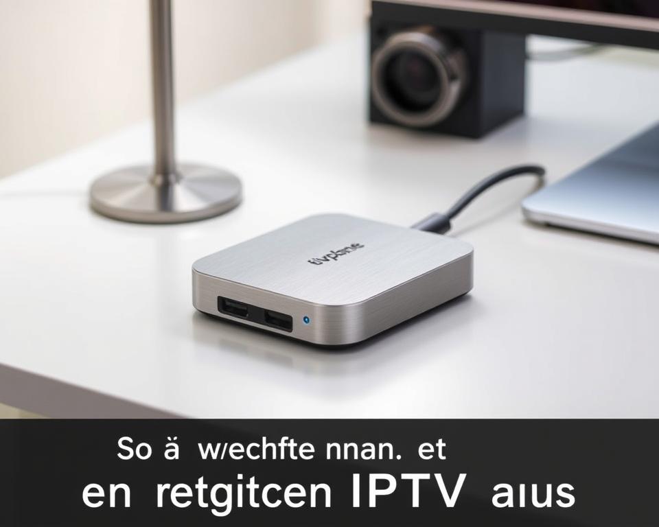 A modern, sleek IPTV streaming device sits prominently on a minimalist, light-colored desk. Soft, diffused lighting illuminates the brushed aluminum casing, highlighting its premium aesthetic. The device, labeled "tiviplanet.com", is surrounded by a few complementary tech accessories, creating a cohesive, high-tech setup. The image conveys a sense of simplicity, efficiency, and the latest advancements in IPTV technology, reflecting the section title "So wählt man den richtigen IPTV Stick aus".