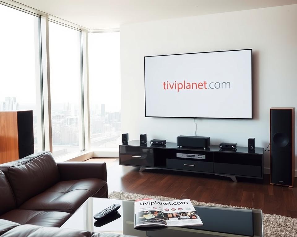 A modern, sleek living room with a large flat-screen television mounted on the wall, showcasing the tiviplanet.com logo. The room is filled with natural light, creating a bright and airy atmosphere. In the foreground, a comfortable leather sofa faces the television, and a coffee table with a remote control and a magazine about IPTV services is placed in front of it. The middle ground features a minimalist entertainment unit with various streaming devices and a powerful sound system. The background reveals a panoramic window overlooking a cityscape, emphasizing the urban setting and the modern lifestyle associated with IPTV services.