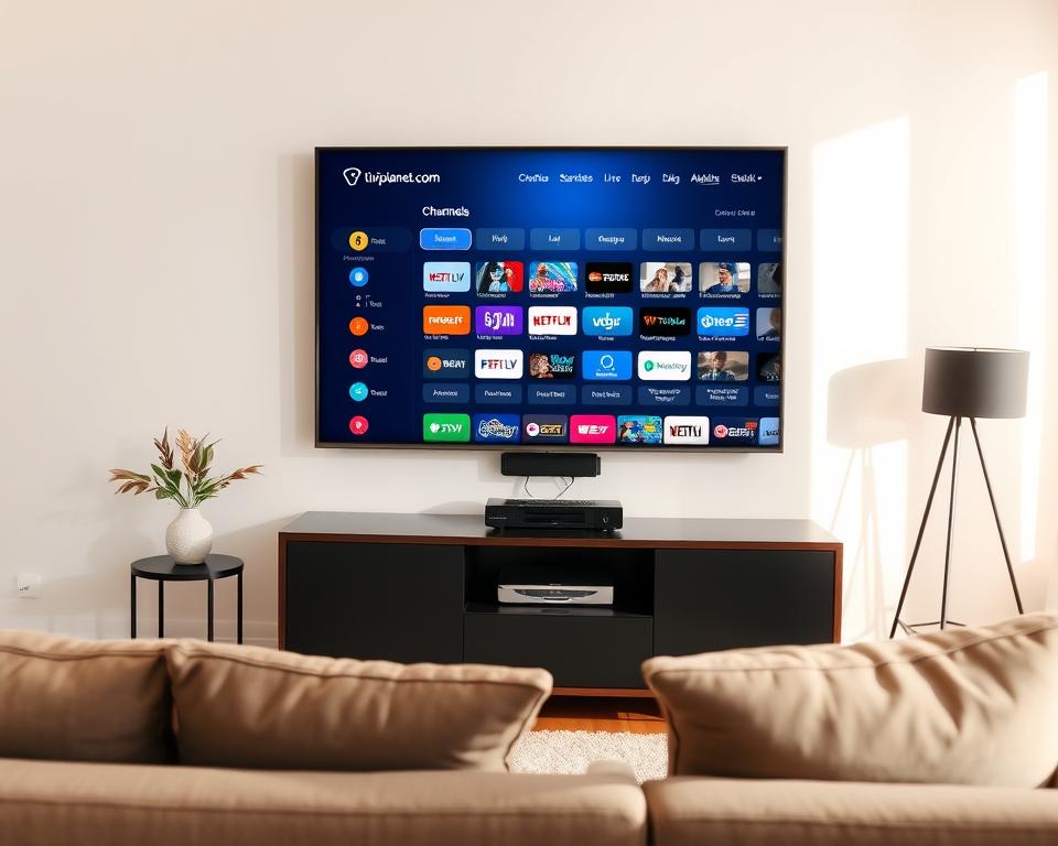 A modern, well-lit home entertainment setup. In the center, a sleek flat-screen TV displays the tiviplanet.com interface, its intuitive menus and vast IPTV channel selection. Nearby, a comfortable couch and side table provide a cozy viewing experience. The room is bathed in warm, natural lighting, creating a pleasant, relaxed atmosphere. In the background, glimpses of a minimalist, contemporary decor - clean lines, neutral tones, and subtle accents. The overall scene conveys a sense of effortless enjoyment, where the user can easily access a wide range of live sports and entertainment content through their IPTV setup.