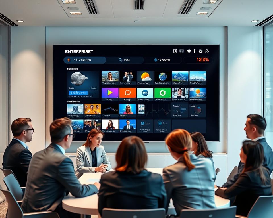 A modern, well-lit office interior with a large, high-resolution display showcasing the tiviplanet.com IPTV platform. The display features sleek, intuitive user interface designed for enterprise use, with clear visualization of channel listings, weather data, and real-time stock tickers. In the foreground, a group of professional business people in formal attire are gathered around a conference table, engaged in a meeting and discussing the IPTV system. The overall scene conveys a sense of productivity, efficiency, and technological sophistication suitable for a corporate environment.