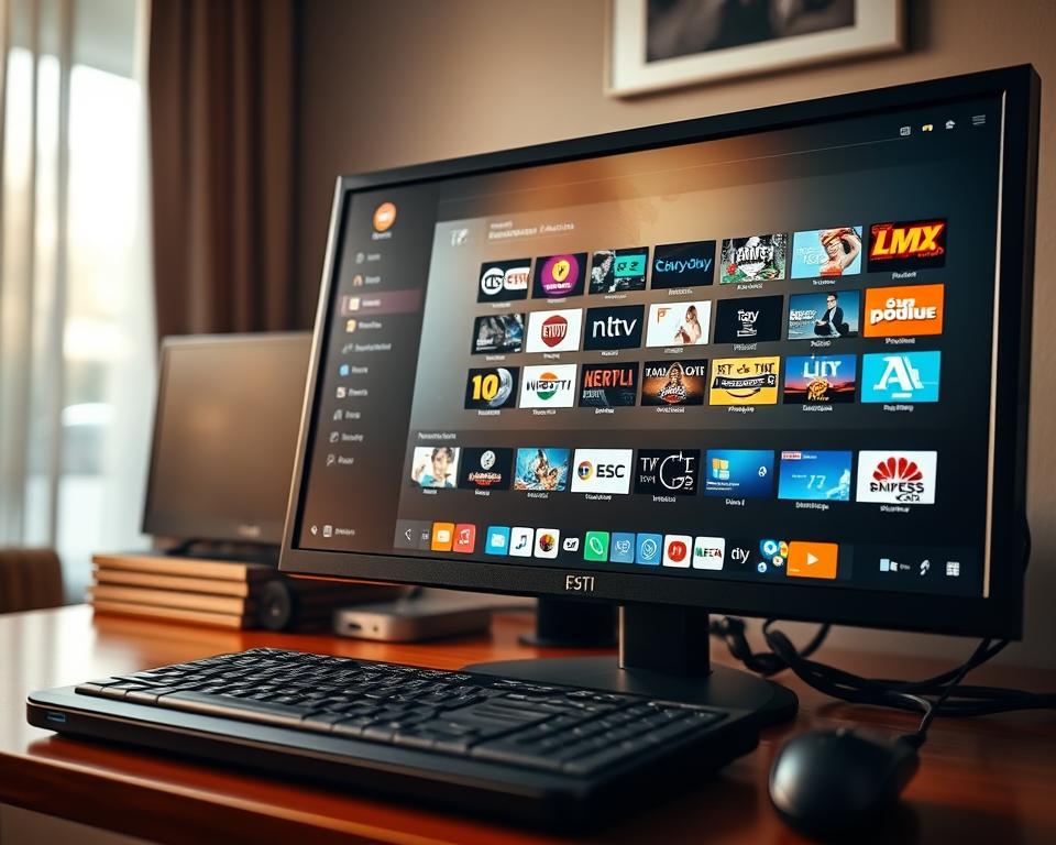 A neatly organized Windows desktop with a tiviplanet.com IPTV player application open, its interface displaying a rich selection of live TV channels. Warm, natural lighting illuminates the scene, casting a soft glow on the sleek, modern computer setup. The foreground showcases the IPTV player's intuitive controls and program guide, while the background subtly hints at productivity tools and files, conveying a sense of a well-integrated home entertainment system. The overall mood is one of convenience, functionality, and technological sophistication.
