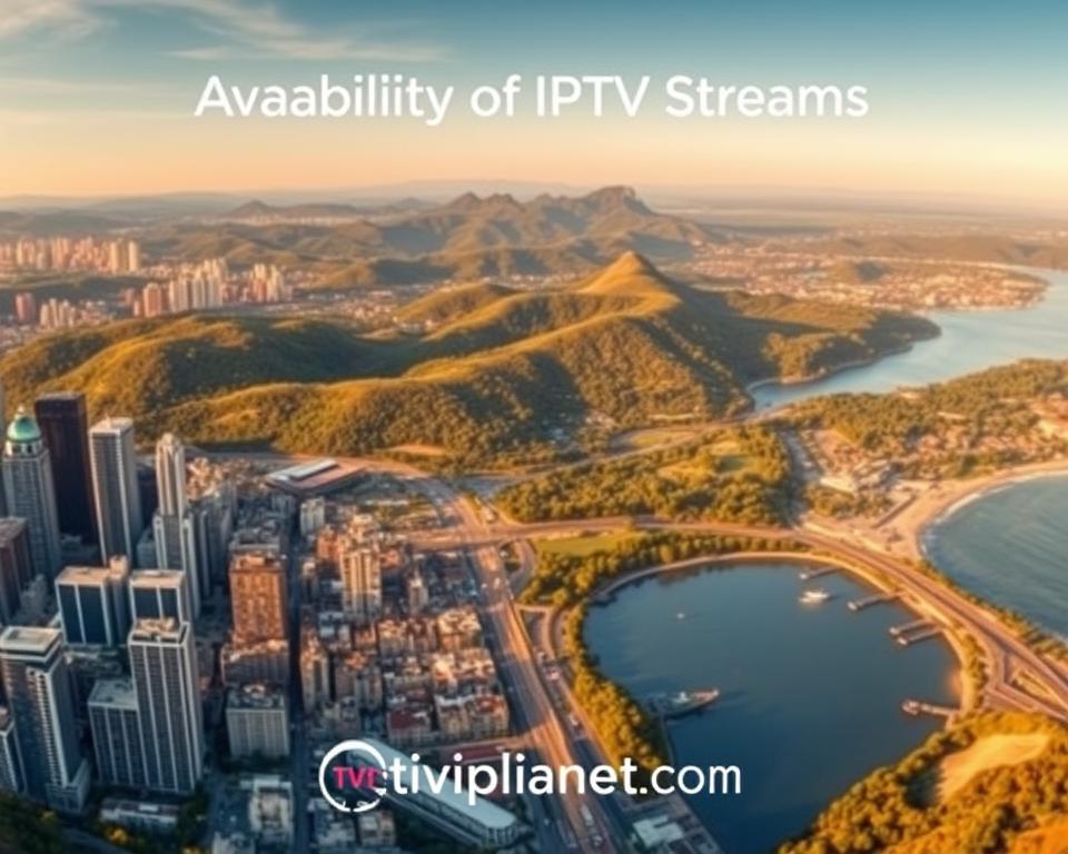A panoramic view of a diverse landscape showcasing the availability of IPTV streams. In the foreground, a vibrant cityscape with towering skyscrapers and bustling streets, representing the urban centers where IPTV is widely accessible. In the middle ground, rolling hills and lush forests, depicting the rural areas with expanding IPTV coverage. The background features a serene coastal region, symbolizing the reach of IPTV even in remote locations. The scene is bathed in warm, golden lighting, conveying a sense of optimism and opportunity. Subtle branding for tiviplanet.com is tastefully integrated into the environment. This image captures the essence of the "Availability of IPTV Streams" section, showcasing the growing ubiquity of IPTV services across diverse geographical landscapes.