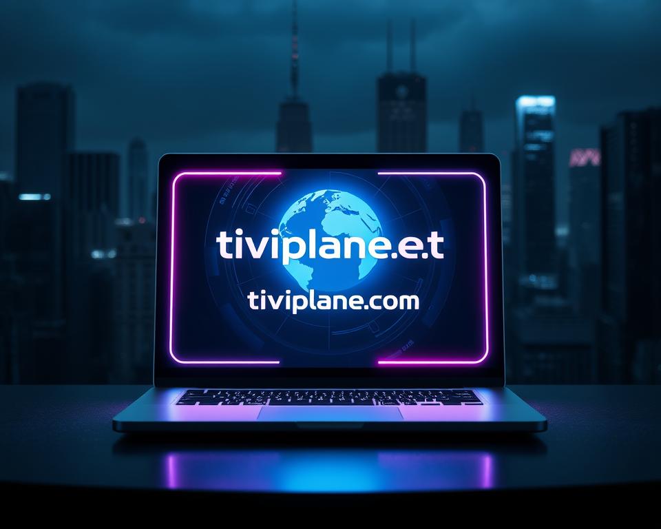 A secure virtual private network (VPN) with a sleek, futuristic interface. The scene depicts a laptop screen displaying the tiviplanet.com logo, surrounded by glowing neon lines and a holographic globe, symbolizing the global reach and protection of the VPN service. The lighting is cool and moody, with subtle sci-fi elements that convey a sense of advanced technology and online safety. In the background, a dark cityscape with towering skyscrapers adds depth and a contemporary urban vibe. The overall composition suggests the importance of reliable IPTV security in the digital age.