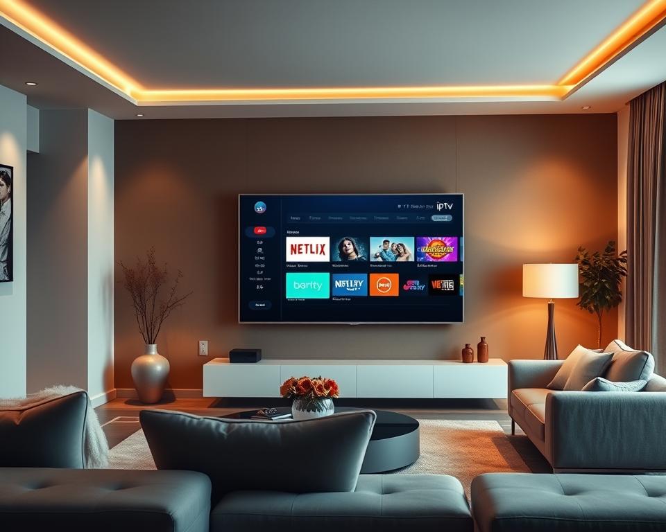A serene and modern living room with a large TV screen displaying a tiviplanet.com IPTV interface. The room is bathed in warm, diffused lighting, creating a cozy and inviting atmosphere. The TV is the focal point, surrounded by sleek, minimalist furniture and decor that complements the streamlined design. The overall scene conveys a sense of relaxation and effortless entertainment, reflecting the improved IPTV experience.