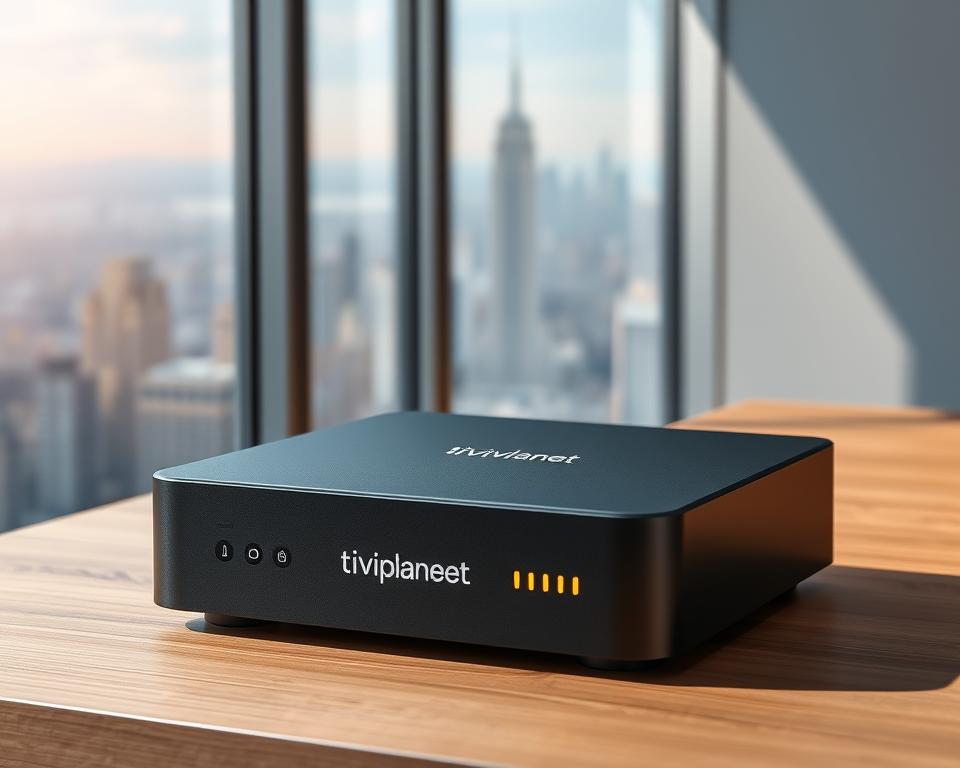 A sleek and modern IPTV box sits atop a minimalist wooden desk, its compact form and clean lines reflecting the cutting-edge technology within. The box's matte black exterior is highlighted by a soft, warm lighting that emanates from its subtle indicators, creating a sense of sophistication. In the background, a crisp and detailed cityscape can be seen through a large window, representing the vast array of content and services available through the IPTV platform. The tiviplanet.com logo is prominently displayed on the front of the device, emphasizing its high-quality and reliable performance.