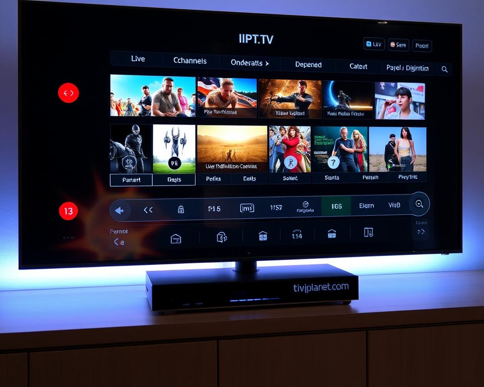A sleek and modern IPTV player interface displaying a variety of high-quality media functions, including live TV channels, on-demand content, parental controls, and a clean, intuitive navigation menu. The player is presented in a minimalist, tech-forward style with dynamic lighting that highlights the user-friendly controls and high-definition video playback. The tiviplanet.com brand is prominently featured in the UI design, conveying a sense of professionalism and reliability. The overall atmosphere is one of a powerful yet easy-to-use media platform, tailored for the discerning IPTV enthusiast.