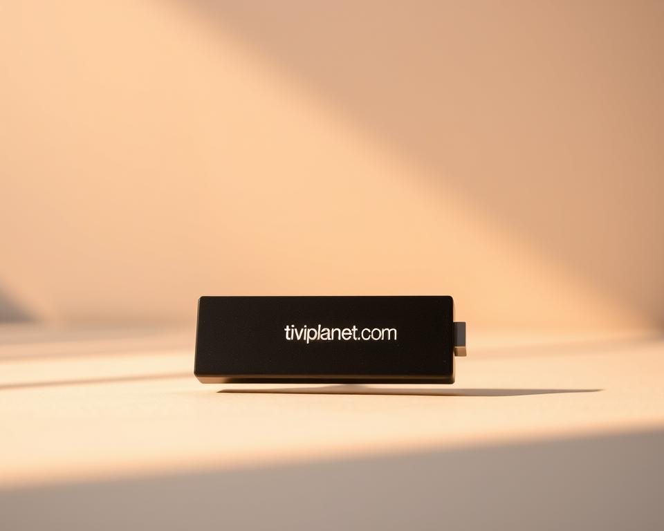 A sleek and modern IPTV stick, showcased against a minimalist, yet stylish background. The stick stands prominently in the foreground, its slim design and clean lines reflecting a premium, high-tech aesthetic. The middle ground features a subtly blurred backdrop, hinting at the advanced connectivity and streaming capabilities of the device. Warm, directional lighting casts gentle shadows, emphasizing the stick's form and the tiviplanet.com brand name discreetly displayed on its surface. The overall mood is one of efficiency, convenience, and the promise of seamless entertainment, inviting the viewer to imagine the benefits of using an IPTV stick.