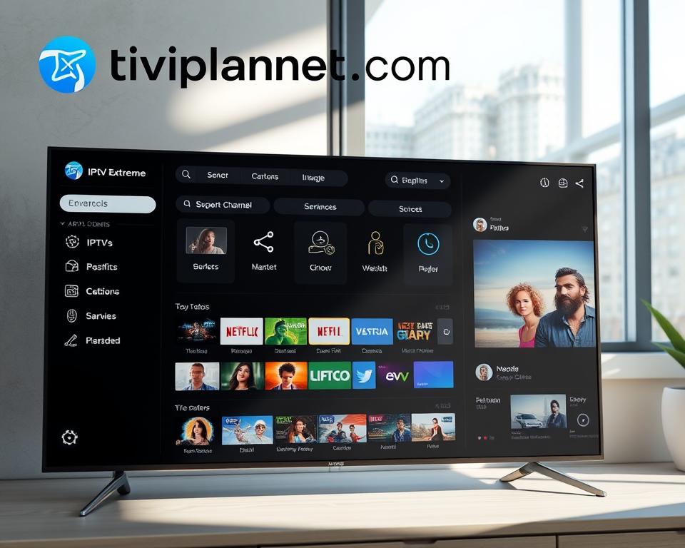 A sleek and modern user dashboard for the IPTV Extreme app, illuminated by soft, natural lighting from a large window. The interface displays a clean, minimalist design with intuitive navigation controls, colorful channel icons, and a dynamic video preview pane. The tiviplanet.com logo is prominently featured in the top-left corner. The overall atmosphere conveys a sense of professionalism and ease of use, inviting the user to explore the app's advanced features.
