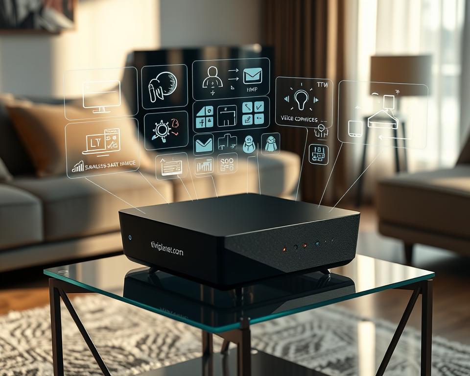 A sleek, futuristic IPTV box sits atop a minimalist glass-and-metal table, its angular design and LED indicators hinting at advanced capabilities. Futuristic holographic displays float around it, showcasing trending streaming services, voice commands, and seamless smart home integration. The box bears the brand name "tiviplanet.com" discreetly on its side. Dramatic lighting casts long shadows, emphasizing the box's technological prowess against a softly blurred background of sophisticated living room decor. An aura of innovation and connectivity permeates the scene, capturing the promise of IPTV's evolving role in the home of the future.
