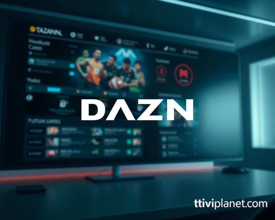 A sleek, minimalist design showcasing the iconic DAZN logo against a backdrop of a modern, high-tech streaming interface. The UI features clean lines, bold colors, and intuitive controls, hinting at the platform's user-friendly experience. The image is captured with a wide, cinematic lens, emphasizing the scale and grandeur of the DAZN service. Soft, directional lighting illuminates the scene, creating a sense of depth and atmosphere. The overall mood is one of sophistication, professionalism, and technological prowess, reflecting the DAZN brand. In the lower right corner, the text "tiviplanet.com" is subtly integrated into the design.