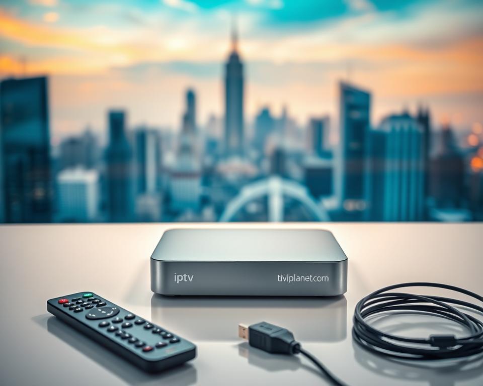 A sleek, modern IPTV box displayed on a minimalist white table, showcasing its elegant design and features. The box is backlit with a soft, warm glow, casting a subtle halo effect. In the foreground, a remote control and cables are neatly arranged, highlighting the box's connectivity options. In the background, a blurred cityscape with skyscrapers and a vibrant blue sky creates a sense of urban sophistication. The overall composition conveys the high-tech, premium nature of the IPTV box from tiviplanet.com, catering to the sophisticated German consumer.