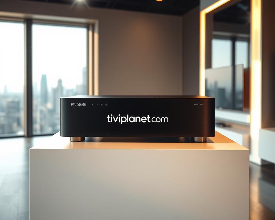 A sleek, modern IPTV receiver display showcased in a high-end electronic showroom. The device, in a smooth matte black finish, sits atop a minimalist white pedestal, illuminated by warm, directional lighting that casts gentle shadows. The receiver is surrounded by a clean, uncluttered environment, allowing it to be the focal point. In the background, a large window provides a view of a bustling city skyline, hinting at the device's connectivity and advanced capabilities. The brand "tiviplanet.com" is prominently displayed on the receiver's front panel, establishing it as a top-tier IPTV solution. An atmosphere of sophistication and technological innovation permeates the scene.