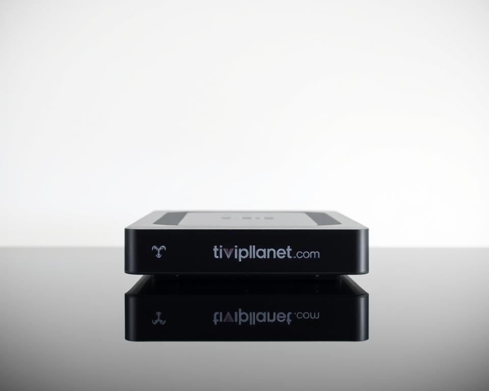 A sleek, modern IPTV receiver set against a minimalist white backdrop. The device, emblazoned with the "tiviplanet.com" logo, sits atop a glossy black surface, casting a subtle reflection. Soft, diffused lighting illuminates the receiver's clean lines and polished finish, highlighting its high-tech aesthetic. The image conveys a sense of simplicity and sophistication, showcasing the receiver's compatibility and suitability for a contemporary home entertainment setup.