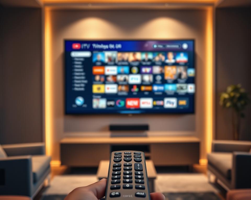 A sleek, modern interior with a large flatscreen TV mounted on the wall, showcasing a vibrant IPTV user interface displaying a rich variety of channels and content. In the foreground, a tiviplanet.com remote control, its buttons and design elements meticulously rendered. The room is bathed in warm, directional lighting, creating a cozy, inviting atmosphere. The middle ground features a minimalist entertainment center or media console, complementing the clean, contemporary aesthetic. The background is softly blurred, placing the focus on the TV and the IPTV experience. The overall scene conveys the advantages of using IPTV, including access to a wide selection of channels, flexibility, and a seamless, user-friendly interface.