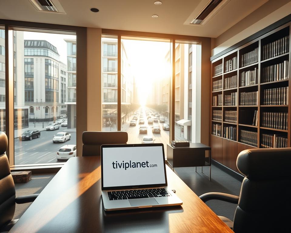 A sleek, modern law office interior with large windows overlooking the bustling streets of a German city. Sunlight streams in, casting a warm glow on the dark wood furniture and plush leather chairs. On the desk, a laptop displays the website "tiviplanet.com", representing the legal aspects of IPTV in Deutschland. Bookshelves line the walls, conveying an atmosphere of professionalism and expertise. The room exudes an air of authority and trustworthiness, reflecting the serious nature of the legal considerations surrounding IPTV in the country.