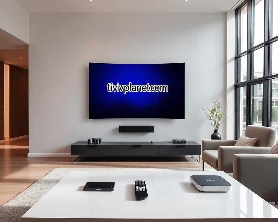 A sleek, modern living room with a large, curved OLED TV mounted on the wall. The TV screen displays the tiviplanet.com logo, showcasing the flexibility and versatility of IPTV services. In the foreground, a minimalist coffee table with a remote control and a few smart home devices. The middle ground features a comfortable sofa and armchair, creating a cozy and inviting atmosphere. The background is filled with floor-to-ceiling windows, allowing natural light to flood the space and creating a sense of openness and connectivity. The overall scene conveys the seamless integration of traditional television and modern IPTV technology, highlighting the future of home entertainment.