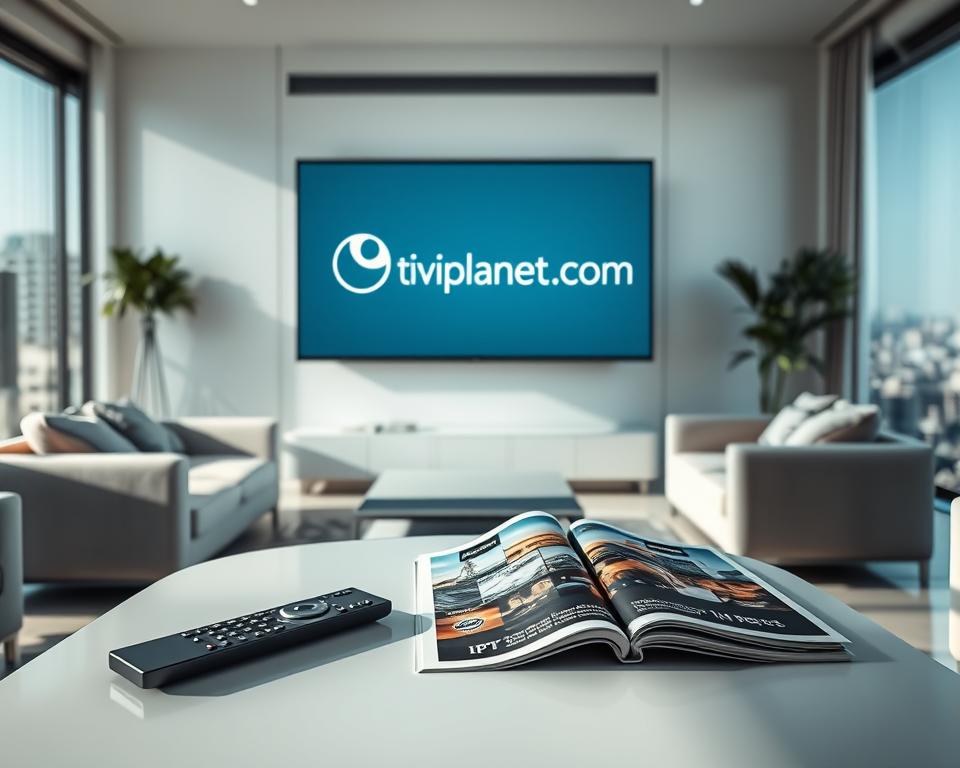 A sleek, modern living room with a large flat-screen TV displaying the tiviplanet.com logo. The room is filled with natural light, creating a bright and airy atmosphere. In the foreground, a minimalist coffee table holds a remote control and a magazine showcasing various IPTV advertising opportunities. The middle ground features comfortable sofas and armchairs, suggesting a cozy environment for viewers to enjoy their IPTV experience. The background includes floor-to-ceiling windows overlooking a cityscape, hinting at the wide reach and potential of IPTV advertising. The overall scene conveys a sense of technological sophistication and commercial potential for IPTV platforms.